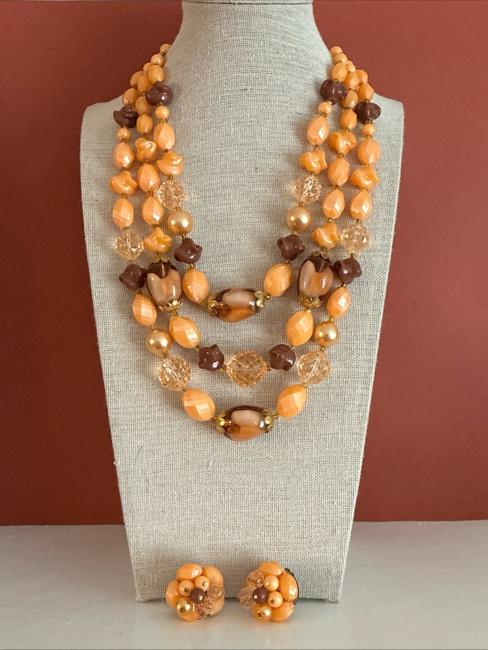 Vintage West Germany 3 Strand Beaded Necklace and Clip Earrings Sets